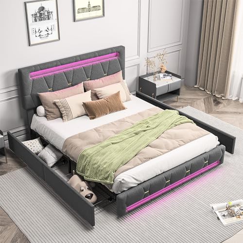 SHAODENG Bett 160x200 cm, LED Doppelbett mit USB-Ladefunktion, Polsterbett Stauraumbett mit 4 Schubladen,Verstellbares Kopfteil, Funktionsbett Bettgestell Rückenlehne, Linen, Grau, Ohne Matratze von SHAODENG