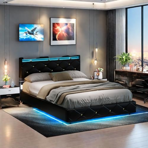 SHAODENG Doppelbett 140x200 mit LED-Beleuchtung & USB-Ladestation, Bett mit lattenrost und Verstellbares Kopfteil, Bettgestell in Schwarz & PU, Jugendbett Funktionsbett ohne Matratze von SHAODENG