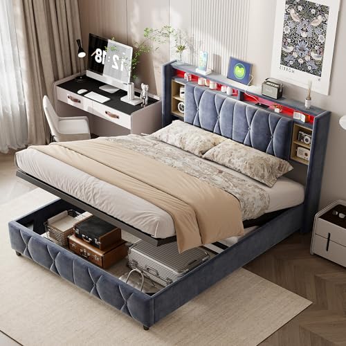 SHAODENG Doppelbett 160x200 cm, Polsterbett Kopfteil mit LED & USB Ladefunktion, Hydraulisch Stauraumbett mit Lattenrost, Funktionsbett Bettgestell Rückenlehne, Grau, Samts, Ohne Matratze von SHAODENG