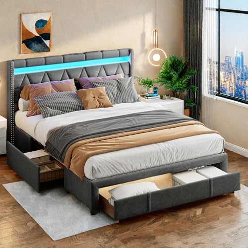 SHAODENG Doppelbett 160x200 cm mit LED und USB-Ladefunktion, Stauraumbett mit 4 Schubladen, Polsterbett mit Stauraum und Lattenrost, Funktionsbett Rückenlehne Bettgestell, Grau, PU, Ohne Matratze von SHAODENG