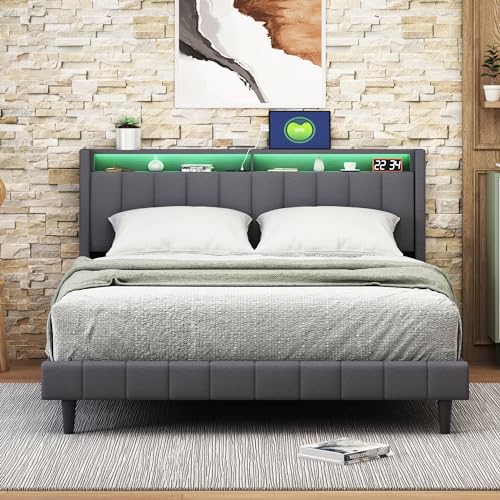 Doppelbett 160x200 mit LED-Beleuchtung, Polsterbett mit USB Ladefunktion, Stauraumbett mit Lattenrost, Jugendbett Funktionsbett Rückenlehne Bettgestell, Linen, Grau, Ohne Matratze von SHAODENG