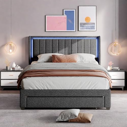 SHAODENG Doppelbett 180x200 cm, Polsterbett mit LED und USB-Ladefunktion, Stauraumbett mit 2 Schubladen, Jugendbett Funktionsbett Bettgestell Rückenlehne, Linen, Dunkelgrau, Ohne Matratze von SHAODENG