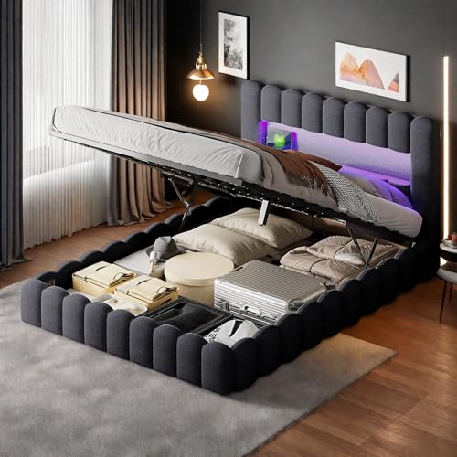 SHAODENG Polsterbett 140x200 Doppelbett Bettgestell mit LED und USB-Ladefunktion, Hydraulisch Stauraumbett mit Lattenrost, Jugendbett Funktionsbett Rückenlehne, Grau, Linen, Ohne Matratze von SHAODENG