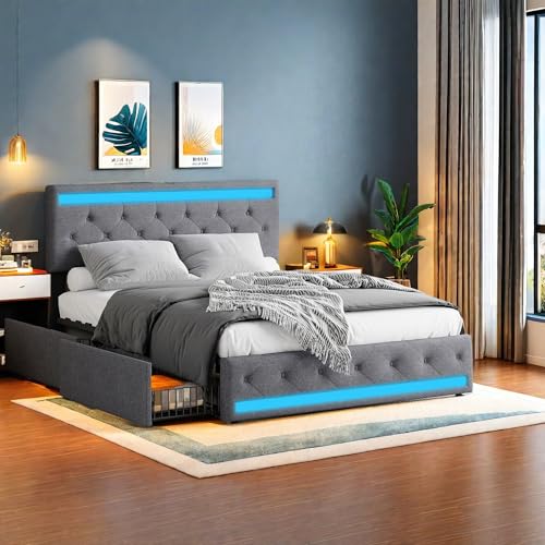 SHAODENG Polsterbett 140x200 cm mit USB-Aufladen und LED-Beleuchtung, Doppelbett mit 4 Schubladen, Funktionsbett Stauraumbetten Jugendbett Rückenlehne Bettgestell, Grau, Leinen, ohne Matratze von SHAODENG