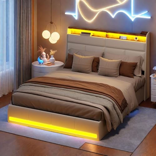 Polsterbett 160x200, Doppelbett mit LED Beleuchtung, Boxspringbett mit Stauraum und Lattenrost, Jugendbett Hydraulisch Stauraumbett Bettgestell, Beige, PU, Ohne Matratze von SHAODENG