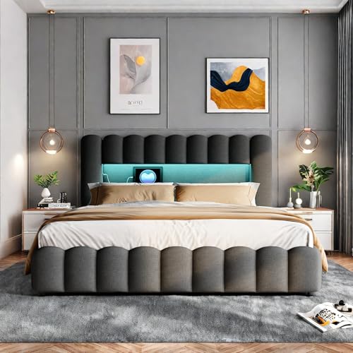 SHAODENG Polsterbett 160x200 Doppelbett Bettgestell mit LED und USB-Ladefunktion, Hydraulisch Stauraumbett mit Lattenrost, Jugendbett Funktionsbett Rückenlehne, Grau, Linen, Ohne Matratze von SHAODENG