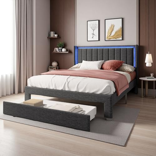 SHAODENG Polsterbett 160x200 cm, Doppelbett mit LED und USB-Ladefunktion, Jugendbett mit 2 Schubladen, Funktionsbett Stauraumbett Bettgestell Rückenlehne, Linen, Dunkelgrau, Ohne Matratze von SHAODENG
