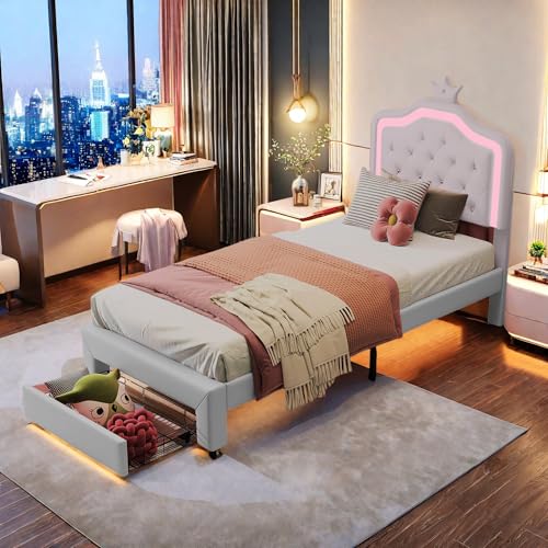 Polsterbett 90x200 Prinzessinnenkrone mit LED Beleuchtung, Einzelbett Bettgestell mit Lattenrost und verstellbares Kopfteil, Mädchenbett Jugendbett, Schubladen, Weiß, PU, Ohne Matratze von SHAODENG