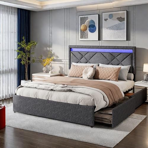 SHAODENG Polsterbett Doppelbett 140x200 cm, Jugendbett mit LED und USB-Ladefunktion, Stauraumbett mit 4 Schubladen, Funktionsbett Rückenlehne Bettgestell, Linen, Ohne Matratze, Grau von SHAODENG