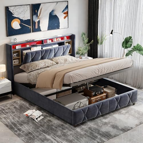 SHAODENG Polsterbett Doppelbett 140x200 cm,Hydraulisch Stauraumbett, Kopfteil mit LED & USB Ladefunktion, Funktionsbett Bettgestell mit Stauraum und Lattenrost, Samtstoff, Grau, Ohne Matratze von SHAODENG