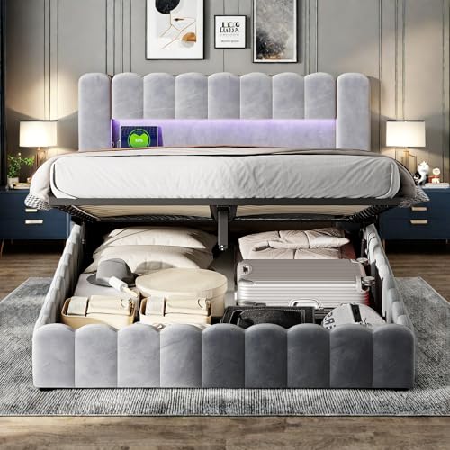 SHAODENG Polsterbett Doppelbett 180x200 mit Bettkasten, LED Kopfteil mit USB Ladefunktion,Bettgestell mit Stauraum und Lattenrost, Stauraumbett Funktionsbett Rückenlehne, Linen, Grau, Ohne Matratze von SHAODENG