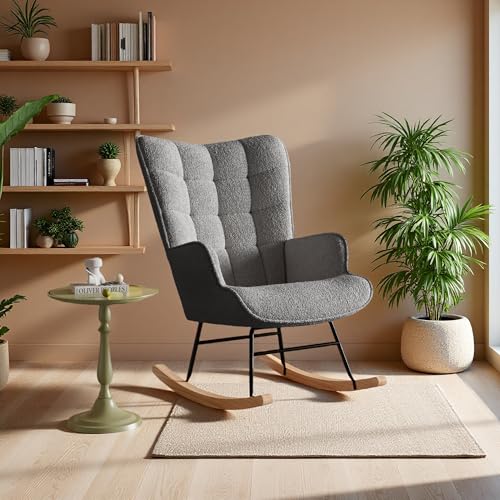 Schaukelstuhl Relaxstuhl Stillstuhl Schaukelsessel Lesesessel Relaxsessel Schwingstuhl mit Armlehnen Polsterstuhl Polstersessel, mit Holzkufen, für Wohnzimmer Schlafzimmer Balkon Grau von SHAODENG