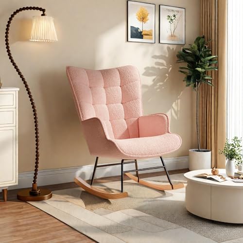 Schaukelstuhl Relaxstuhl Stillstuhl Schaukelsessel Lesesessel Relaxsessel Schwingstuhl mit Armlehnen Polsterstuhl Polstersessel, mit Holzkufen, für Wohnzimmer Schlafzimmer Balkon Rosa von SHAODENG