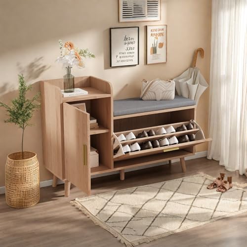 Schuhschrank mit Sitzbank und Klappen, Holz Schuhkipper, Schuhtruhe mit Fach für Eingang, Flur, Wohnzimmer, Schlafzimmer, 100x69.5x30 cm Schuhschrank mit Sitzbank und Klappen, Holz Schuhkipper, Schuhtruhe mit Fach für Eingang, Flur, Wohnzimmer, Schlafzimmer, 100x69.5x30 cm von SHAODENG