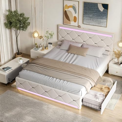 Stauraumbett 140x200 mit 4 Schubladen, Jugendbett mit LED und USB-Ladefunktion, Doppelbett Bettgestell mit Lattenrost, Beige Polsterbett aus Samt, ohne Matratze von SHAODENG
