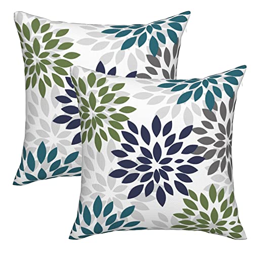 Marineblau/blaugrün Überwurf-Kissenbezug, 45.7x45.7 cm, Aqua-Grau, Dahlien-geometrische Blumen-Kissenbezüge, 2 Stück, Sommerblumen-Outdoor-Kissenbezüge, Sofa, Dekor von SHAPTOY