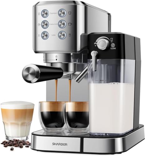 SHARDOR Espresso Siebträgermaschine mit Milchaufschäumer, 1350W 20 Bar Edelstahl Espressomaschine mit Siebträger, Professionelle Kaffeemaschine für Espresso Cappuccino Latte Macchiato Schwarz von SHARDOR