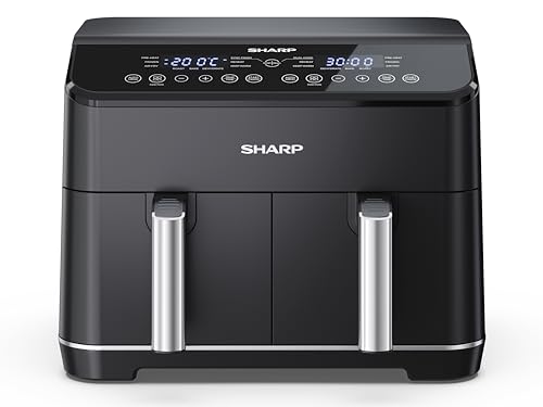 SHARP AF-GD82AE-B Heißluftfritteuse mit 2 Fächern, 2 x 4L mit digitaler Steuerung – Touchdisplay Funktion, 12 Programme, 1800W, Schwarz, Backen ohne Öl von SHARP