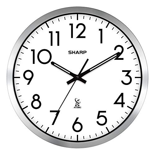 Sharp Atomic Analog-Wanduhr, 30,5 cm, silberfarben, gebürstete Oberfläche, automatische Einstellung, batteriebetrieben, leicht zu lesen, einfach zu bedienen, modernes Design und Stil von Sharp