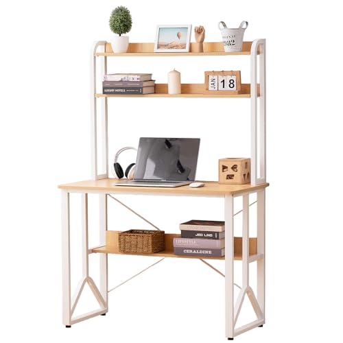 Moderner Schreibtisch, 100 x 50 cm, Eichen-Stil, Regale, doppelte Ebenen, Fallschutz & Stabilisator-Struktur – Studentenschreibtisch mit sicherem Rand von SHARPDO