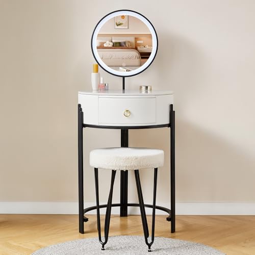SHARPDO Schminktisch mit LED Spiegel, 60 cm, Weiß, Sinterstein PU, mit Schubladen und Tabouret, für Schlafzimmer, modernes Design von SHARPDO