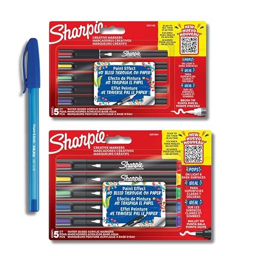 Sharpie Creative Marker Acrylstifte, Wasserbasis, Farbmarker auf Wasserbasis, schreibt nicht auf den meisten Oberflächen, Pinselspitze und Rundspitze, 2 x 5 Stück + PaperMate Stift Geschenk von Sharpie