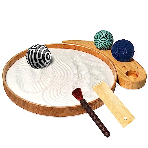 Japanisches Zen-Garten-Set – 24,1 cm großer Bambus-Sandkasten, 3 Stück Harz-Stempelkugeln, Mini-Zen-Gartenrechen und Zen-Dekoration, perfektes Meditationszubehör und Geschenke für ein Leben von SHASHAYA