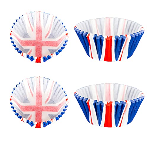 SHATCHI 100 Stück Union Jack Papier Cupcake Förmchen Backförmchen Muffin Kuchen Großbritannien König Charles III Krönung Tischdekoration Essen Rot Weiß Blau (SHATCHI) von SHATCHI