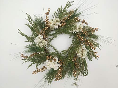 SHATCHI 55 cm natürlich aussehende künstliche grüne Blätter, goldene Beeren und weiße Hortensien, Blumenkranz, zum Aufhängen an der Tür, Hochzeit, Weihnachtsdekoration von SHATCHI