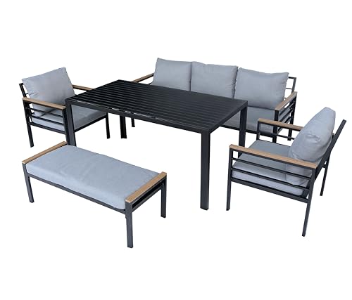 SHATCHI 6-Sitzer Aluminium Gartenmöbel Set Schwarzer Rahmen - Outdoor Sofagarnitur mit Bank, Sesseln und Esstisch - Graue Kissen, Moderne Terrasse Lounge Essgruppe von SHATCHI