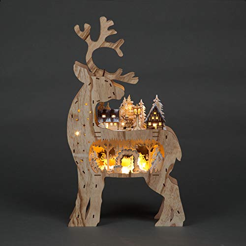 SHATCHI 69 cm Weihnachts-Rentier aus Holz, lasergeschnitten, batteriebetrieben, Dorflandschaft und warmweiße LEDs, Heimdekoration, Holz, 38 x 11 x 69 cm von SHATCHI