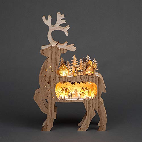 SHATCHI 69 cm Weihnachtsrückseite, aus Holz, lasergeschnitten, batteriebetrieben, Dorflandschaft und warmweiße LEDs, Heimdekorationen, Holz, Rentier auf der Vorderseite, 38 x 11 x 69 cm von SHATCHI