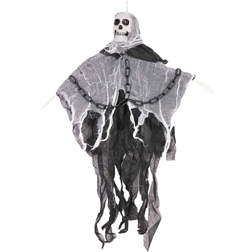 SHATCHI 90 cm Skelett in Ketten Geist Schädel Halloween hängende Dekoration Sensenmann Spukhaus Requisite gruselig, PVC, Schwarz von SHATCHI