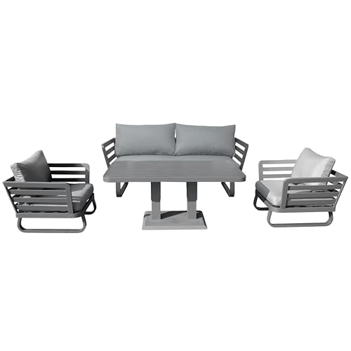 SHATCHI Cannes 4-Sitzer Aluminium Sofa Set 4 Stück Outdoor Gartenmöbel - Steigender Esstisch, Loveseats Sofa, Stühle, Kissen für Terrasse, Lounge, Wintergarten, Balkon von SHATCHI
