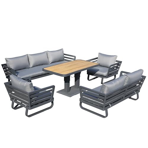 SHATCHI Cannes Grand 7-Sitzer Aluminium Sofa Set 5-teilig Outdoor Gartenmöbel - Steigender Esstisch mit Keramikglasplatte, Sofa, Stühle, Kissen für Terrasse, Lounge, Wintergarten, Balkon von SHATCHI
