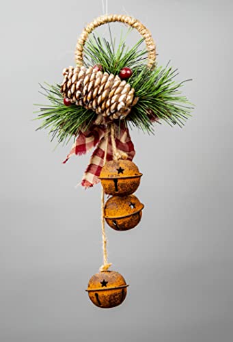 SHATCHI Goldene/silberfarbene Glocken mit Band, Beeren und Tannenzapfen, Weihnachten, Zuhause, Wandtür, Jingle Weihnachten, Feiertage, DIY-Dekorationen, 46 cm/27 cm, rustikales Rot, 27 cm von SHATCHI