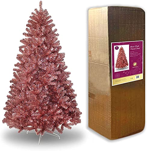 SHATCHI Künstlicher Weihnachtsbaum, Rose, Pink, glänzende Lametta-Spitzen, buschige Optik, luxuriöse Scharnierzweige, Weihnachtsdekoration, 1,8 m von SHATCHI