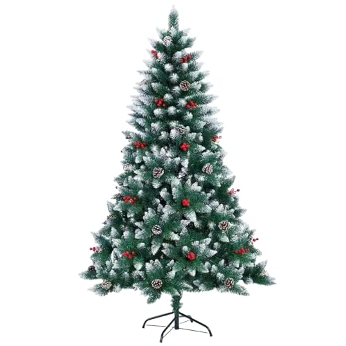 SHATCHI Künstlicher Weihnachtsbaum, beflockt, Bleistiftspitzen, Balmoral, Tannenzweige, Beeren und Tannenzapfen, Dekoration, Metallständer, buschig, luxuriös, Weihnachten, Heimdekoration, PVC, 150 cm von SHATCHI
