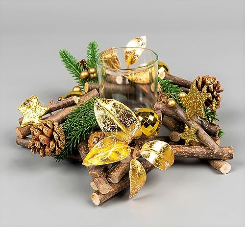 Teelichthalter, 22 cm, mit Holzzweigen, dekoriert mit goldenen Kugeln, Beeren, Blättern, Sternen, Laub, Tannenzapfen, Weihnachten, Tischdekoration von SHATCHI