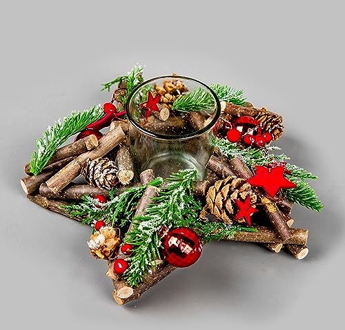 Teelichthalter, 22 cm, mit Holzzweigen, dekoriert mit roten Kugeln, Beeren, Sternen, Laub, Tannenzapfen von SHATCHI