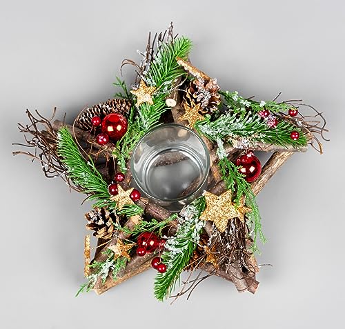 Teelichthalter, 22 cm, mit Holzzweigen, dekoriert mit roten Kugeln, Beeren, bronzefarbenen Sternen, Laub, Tannenzapfen, Tischdekoration für Weihnachten von SHATCHI