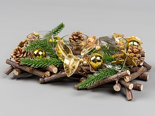Teelichthalter, 28 cm, für 3 Kerzen, Holzzweige, verziert mit goldenen Kugeln, Beeren, Blättern, Sternen, Laub, Tannenzapfen, Weihnachten, Tischdekoration von SHATCHI