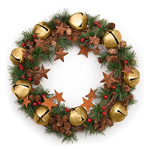 Weihnachtskranz mit goldfarbenen Glöckchen, Sternen, Tannenzapfen, Beeren, Blättern, für den Außenbereich, Weihnachten, Zuhause, Büro, Kaminsims, Dekorationen von SHATCHI