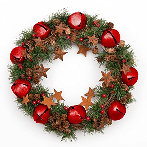 Weihnachtskranz mit roten Glöckchen, Sternen, Tannenzapfen, Beeren, Blättern, für den Außenbereich, Weihnachten, Zuhause, Büro, Kaminsims, Dekorationen von SHATCHI
