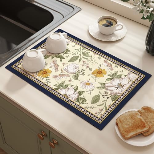 Abtropfmatte Geschirr Grüne Pflanzenblumen Superabsorber Abtropfmatte,Unterlage Kaffeemaschine Matte Abtropfmatte, Schmutzabweisender Gummisohle Abtropfmatte,Für Küche, Kaffeemaschine 40*50Cm von SHATSS