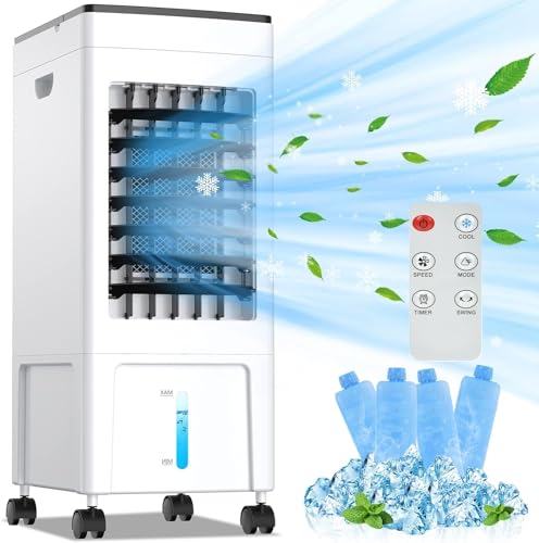 SHAVINGFUN Klimaanlage Mobile,Klimagerät Tragbarer Luftkühler Luftbefeuchter Verdunstungs Lüfter 60W Energiesparend Wasserkühlung Klimaanlage mit 8L Wassertank,8H Timer,Mit Fernbedienung 4 Kühlakku von SHAVINGFUN