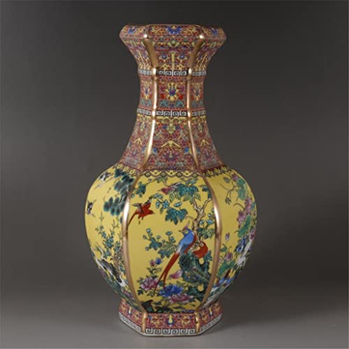 Ornamente, sechseckige emaillierte Vase mit goldenen Blumen und Vögeln, klassische Vase für Heimmöbel im chinesischen Stil, antike Ornamente (D8 x 26 cm) von SHAWLA