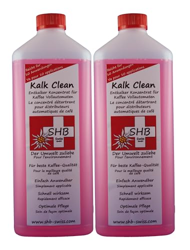 2 X 1000 ml (bis zu 20 Entkalkungen) SHB Swiss Kalk Clean Entkalker mit Farbindikator für Espresso und Kaffeevollautomaten, Kaffeemaschienen, Siebträger, Kapsel, Pad Maschinen, Kaffeemaschinenentkalker auch für Wasserkocher Bad von SHB Swiss