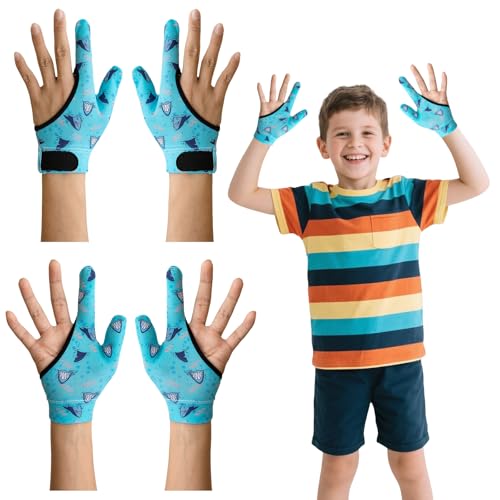 4Pcs Daumen Saugen Guard Handschuhe Kinder Kau-Kompressionshandschuhe Kinder Stoppen Daumenlutschen und Fingerbeißen für Alter 5-13 (Blauhai) von SHDGFB