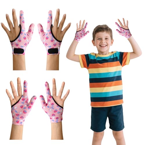 4Pcs Daumen Saugen Guard Handschuhe Kinder Kau-Kompressionshandschuhe Kinder Stoppen Daumenlutschen und Fingerbeißen für Alter 5-13 (Rosa Erdbeere) von SHDGFB